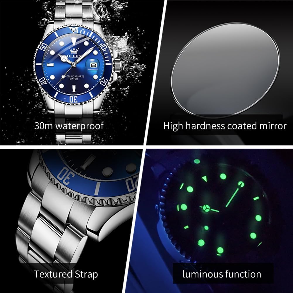 HOTOLEVS Silver Watches for Men Blue Luxury Nice Analog Quartz Stainless Steel | Classic Large Face Metal Men Watch with Date Waterproof Luminous Dress Fashion Men's Wrist Watches Relojes Para Hombres