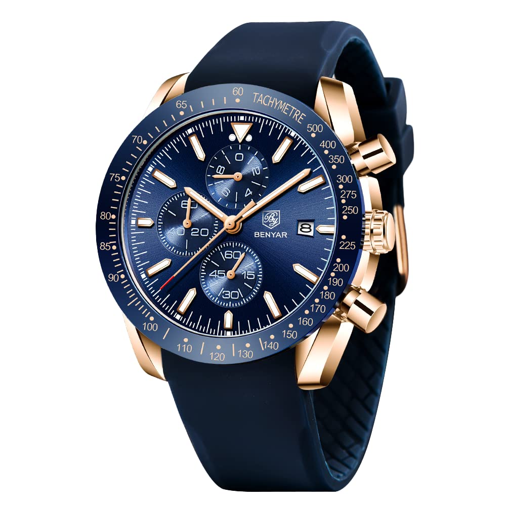 HOTBENYAR Watch for Men Analog Quartz Chronograph Waterproof Luminous Designer Mens Wrist Watches Business Work Sport Casual Dress Watch with Silicone Strap Elegant Gifts for Men