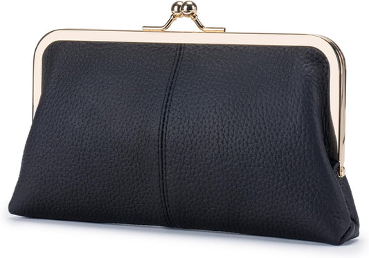 HOTGenuine Leather Long Kiss Lock Wallet for Women – RFID Blocking Handheld Clutch Purse with 8 Card Slots, Money Clip, Zipper Coin Pocket for Travel, Work, Everyday Use – Gift for Her (Black)