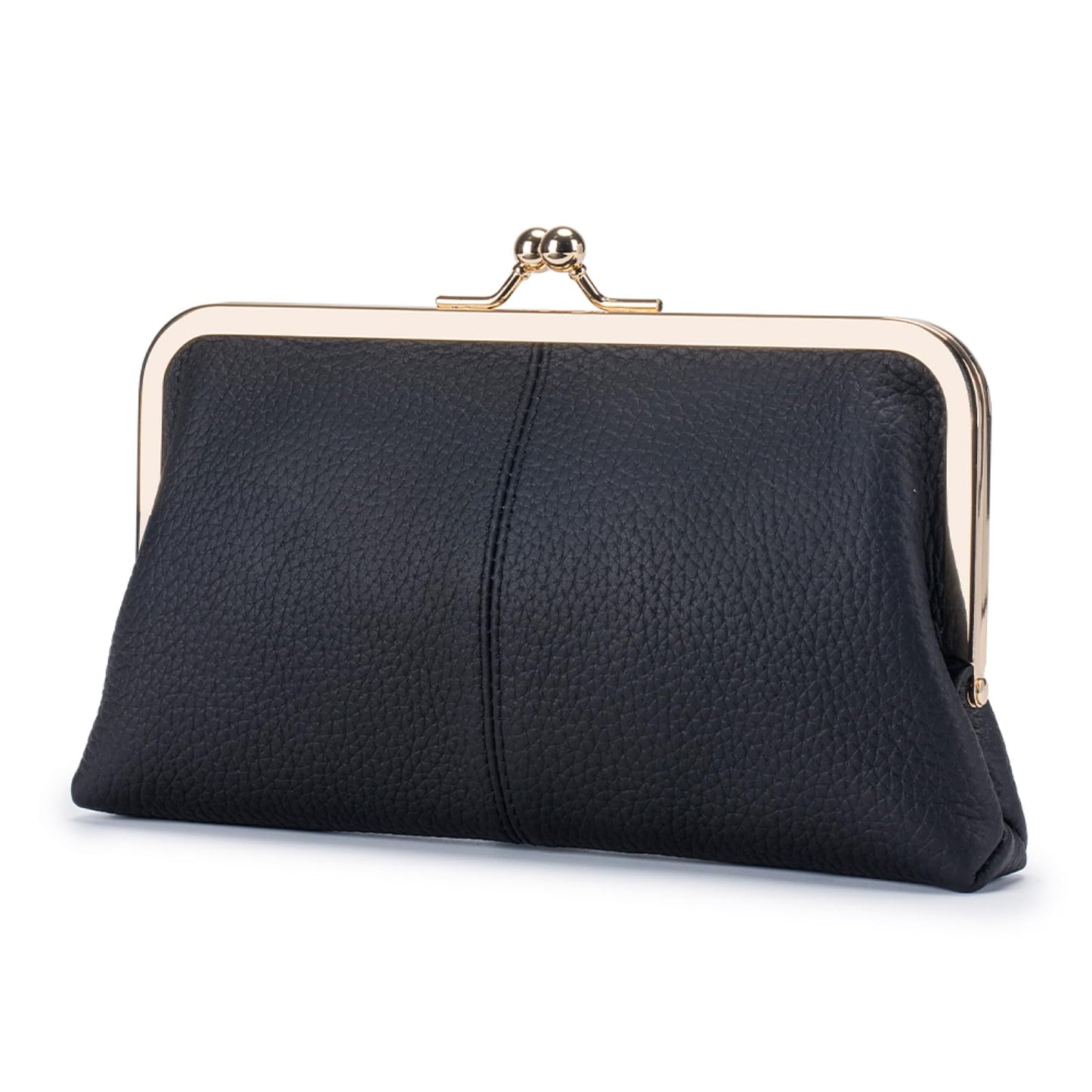 HOTGenuine Leather Long Kiss Lock Wallet for Women – RFID Blocking Handheld Clutch Purse with 8 Card Slots, Money Clip, Zipper Coin Pocket for Travel, Work, Everyday Use – Gift for Her (Black)