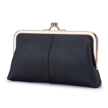 HOTGenuine Leather Long Kiss Lock Wallet for Women – RFID Blocking Handheld Clutch Purse with 8 Card Slots, Money Clip, Zipper Coin Pocket for Travel, Work, Everyday Use – Gift for Her (Black)