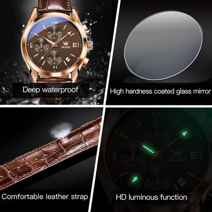 HOTOLEVS Men's Watches Brown Leather with Date,Casual Watches for Men,Large Face Watches Men,Chronograph Mens Watch,Sport Waterproof Business Dress Analog Quartz Men's Wrist Watches Reloj De Hombre