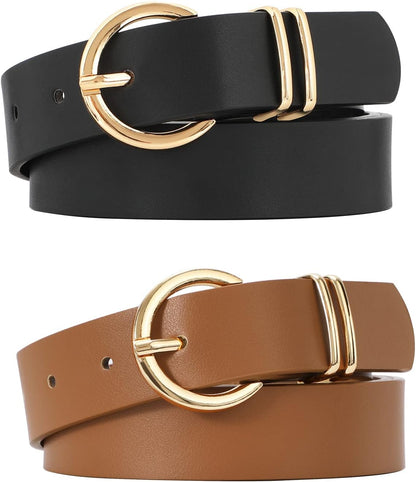 HOTVONMELLI 2 Pack Women's Leather Belts for Jeans Dresses Fashion Gold Buckle Ladies Belt