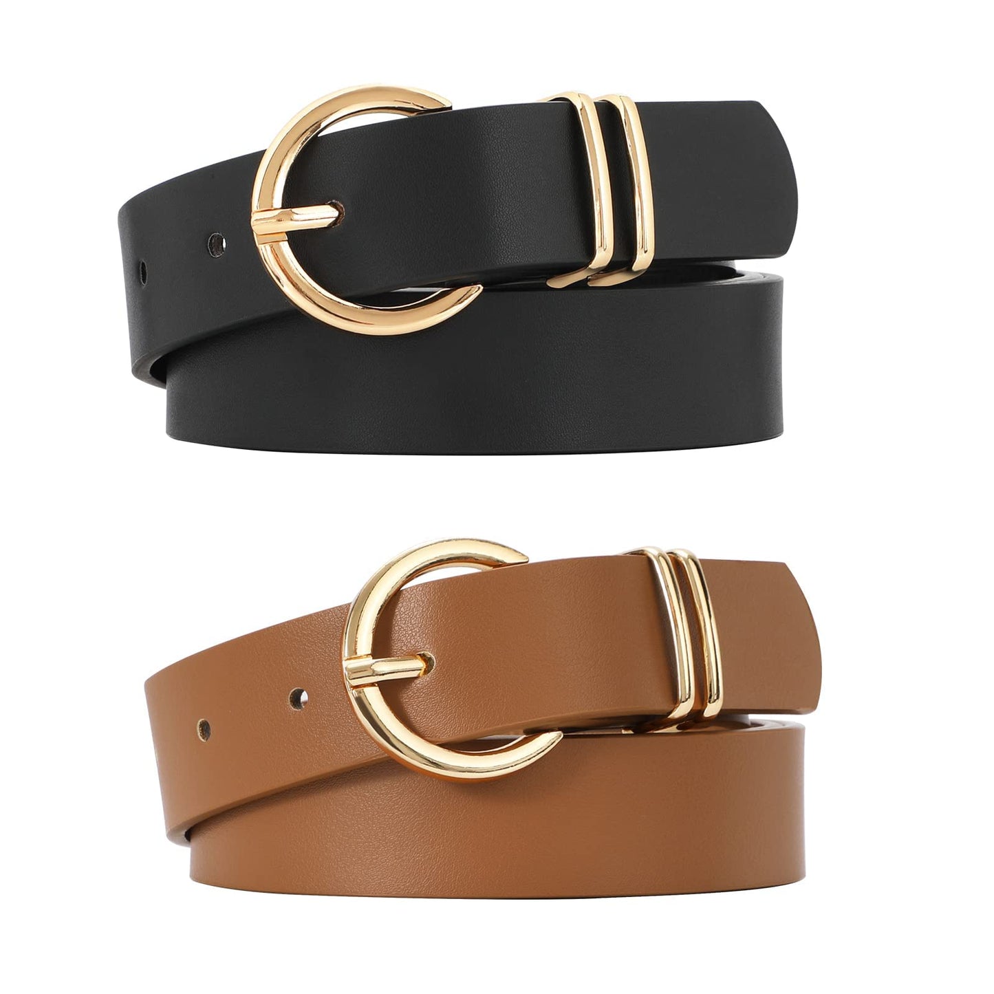 HOTVONMELLI 2 Pack Women's Leather Belts for Jeans Dresses Fashion Gold Buckle Ladies Belt