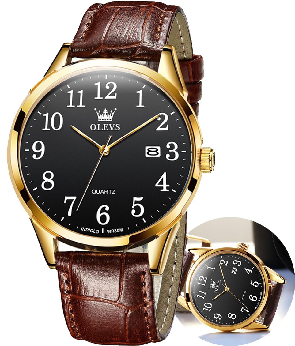 HOTOLEVS Mens Watches Vintage Leather Band Dress Classic Easy Reader Arabic Numerals Analog Quartz Waterproof Date Day Men's Wrist Watches