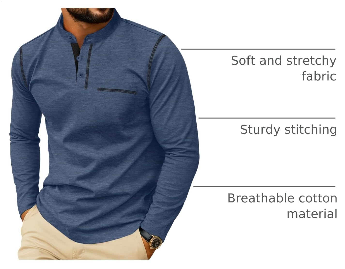 HOTSailwind Men's Henley Shirts Long Sleeve Button T-Shirt Casual Stylish Cotton Pullover Shirt with Pocket