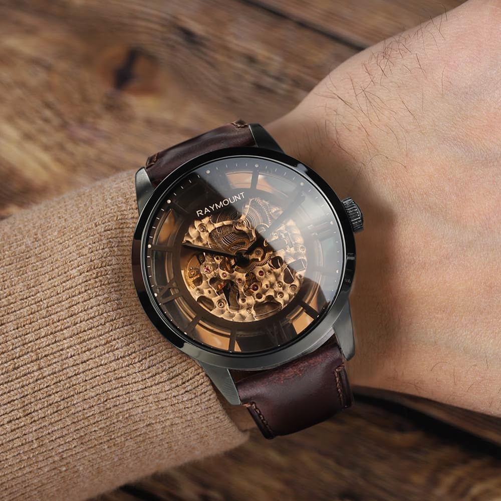 HOTFORSINING Men's Automatic Watch with Mechanical Movement, Skeleton Dial and Leather Band