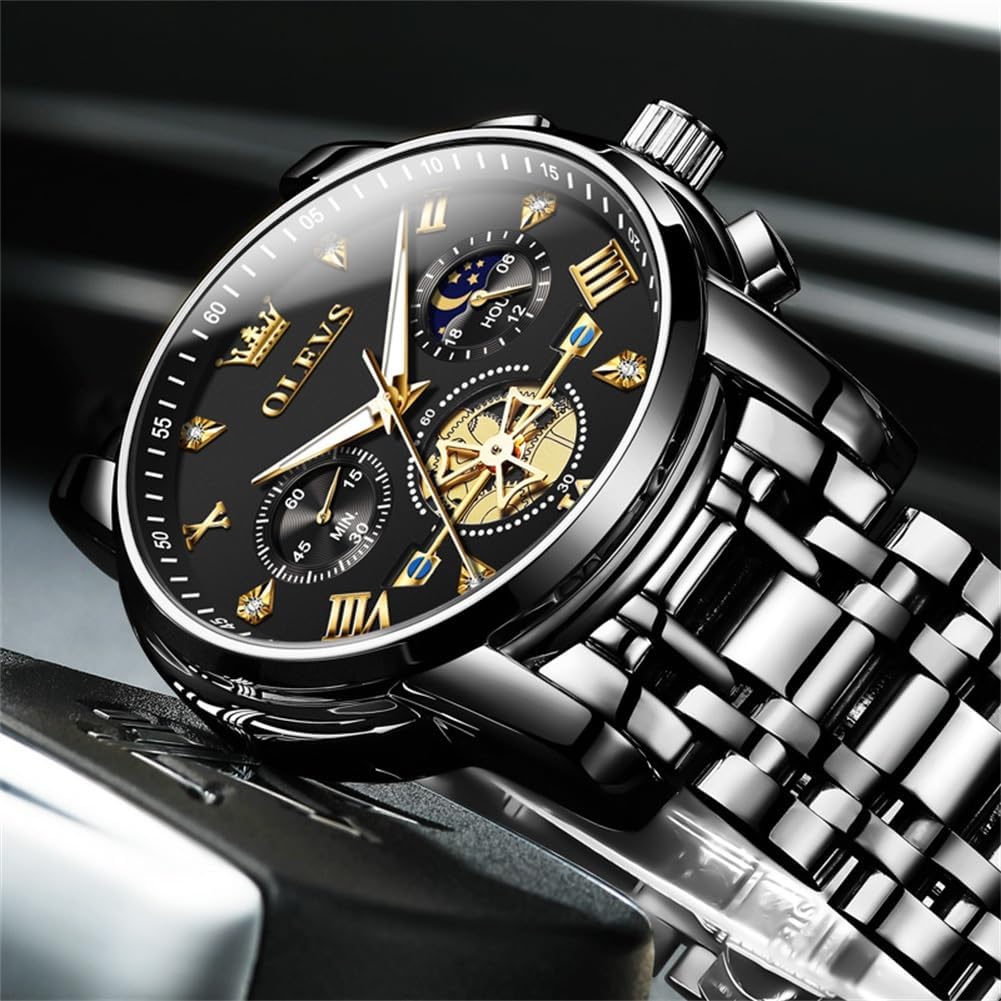 HOTOLEVS Mens Watches Chronograph Watch Luxury Dress Stainless Steel Waterproof Watches for Men Moon Phase Luminous Business Calendar Wrist Watch Blue/Black/Green/Gold/Face