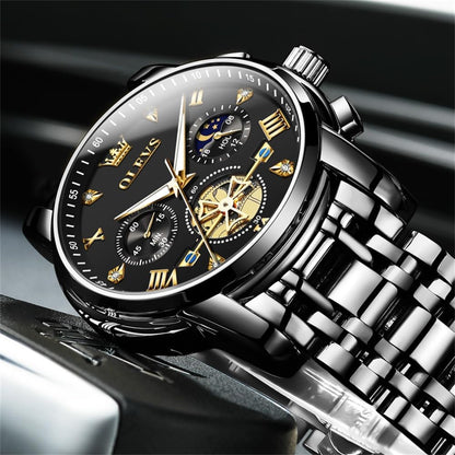 HOTOLEVS Mens Watches Chronograph Watch Luxury Dress Stainless Steel Waterproof Watches for Men Moon Phase Luminous Business Calendar Wrist Watch Blue/Black/Green/Gold/Face
