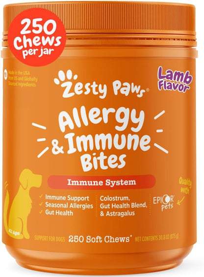 HOTZesty Paws Allergy Immune Bites - Dog Allergy Chews, Dog Probiotics for Itchy Skin and Ears, Peanut Butter, 90ct