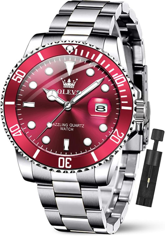HOTOLEVS Mens Red Watch Luxury Classic Dress Silver Stainless Steel Watches | Red Watches for Men Analog Quartz Waterproof Luminous Big Face Elegant Nice Male Watch With Date Relojes De Hombre
