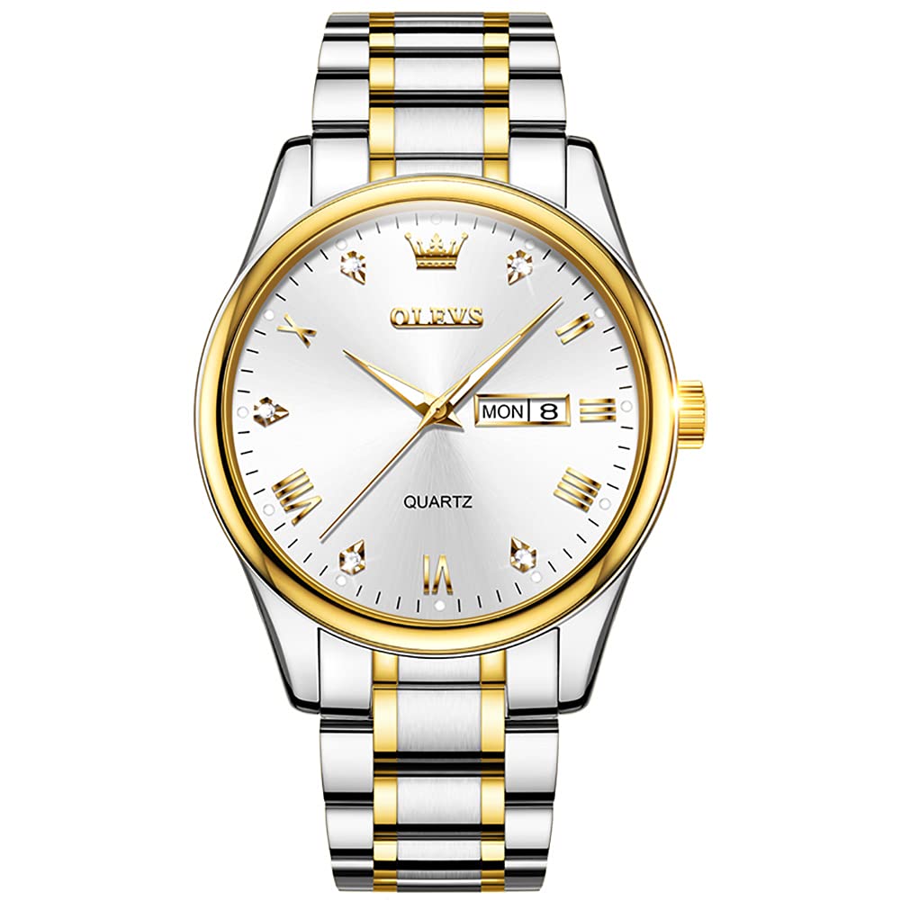 HOTOLEVS Men's Luxury Stainless Steel Watch, Big Face Gold Silver Two Tone Three Hand Analog Quartz Watch, Easy to Read Waterproof Luminous Day Date Wrist Watches for Men