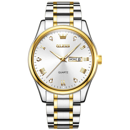 HOTOLEVS Men's Luxury Stainless Steel Watch, Big Face Gold Silver Two Tone Three Hand Analog Quartz Watch, Easy to Read Waterproof Luminous Day Date Wrist Watches for Men