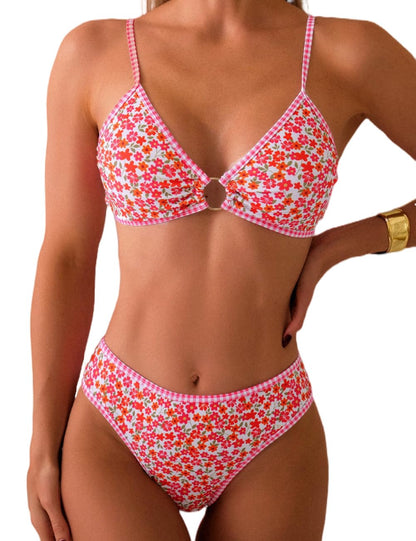 HOTTainehs Women's Two Piece Bikini Sets O Ring Front Top Ditsy Floral Triangle Swimsuits Cheeky Bathing Suit