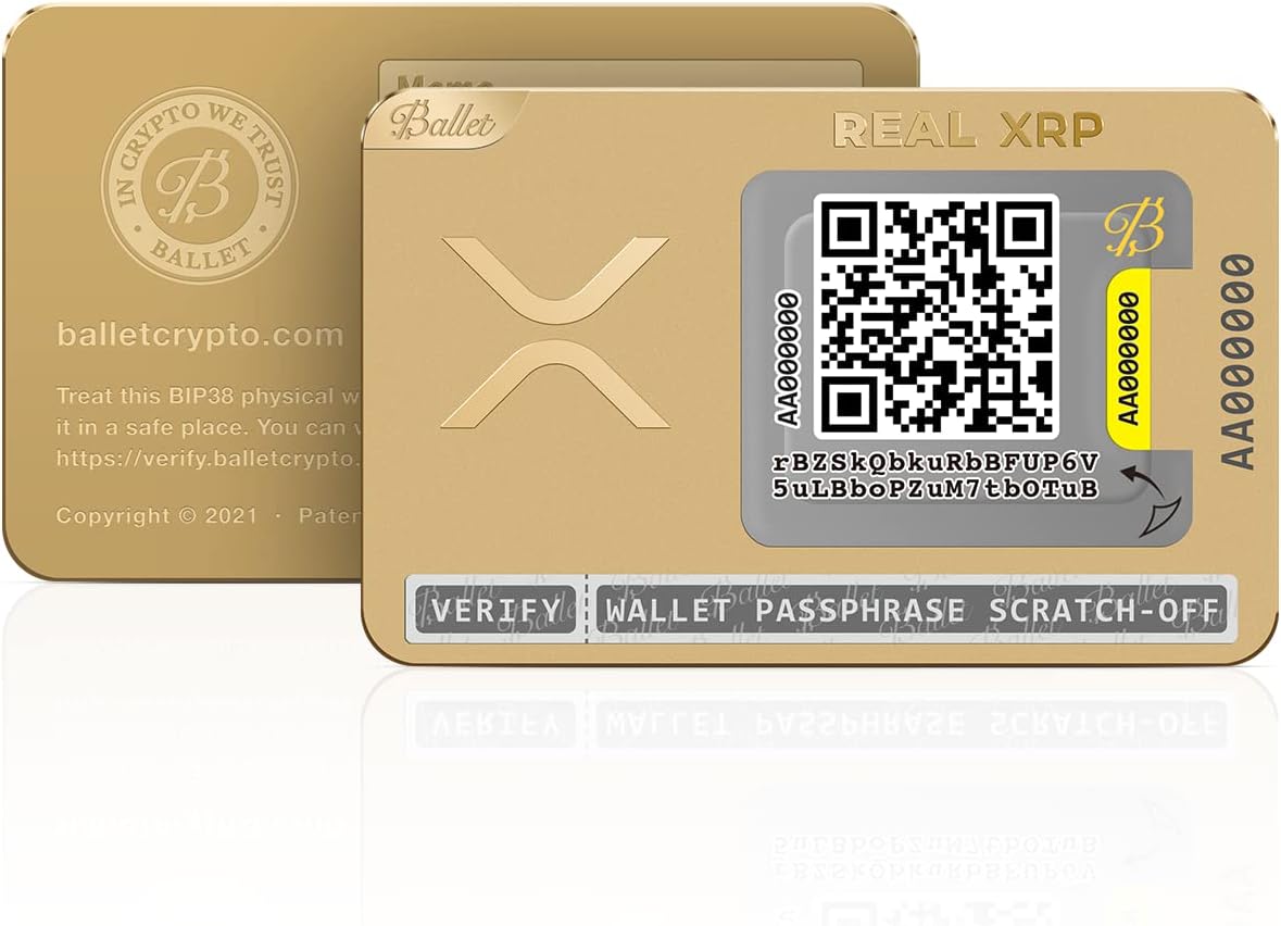 HOTBallet REAL XRP Cold Storage Wallet Card, 24K Gold-Plated Stainless Steel, No Electronics, No Seed Phrase, No PIN/Password, Easy Setup with iOS/Android App, Offline Crypto Storage, Gift-Ready