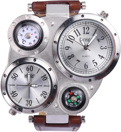 HOTNICERIO Mens Big Face Watches - Cool Wrist Watch Genuine Leather Strap Dual Time Zone Sport Watch Analog Quartz Display with Thermometer Compass