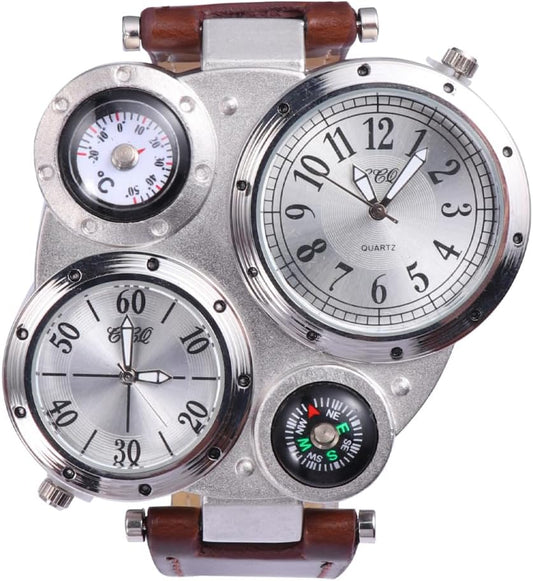 HOTNICERIO Mens Big Face Watches - Cool Wrist Watch Genuine Leather Strap Dual Time Zone Sport Watch Analog Quartz Display with Thermometer Compass