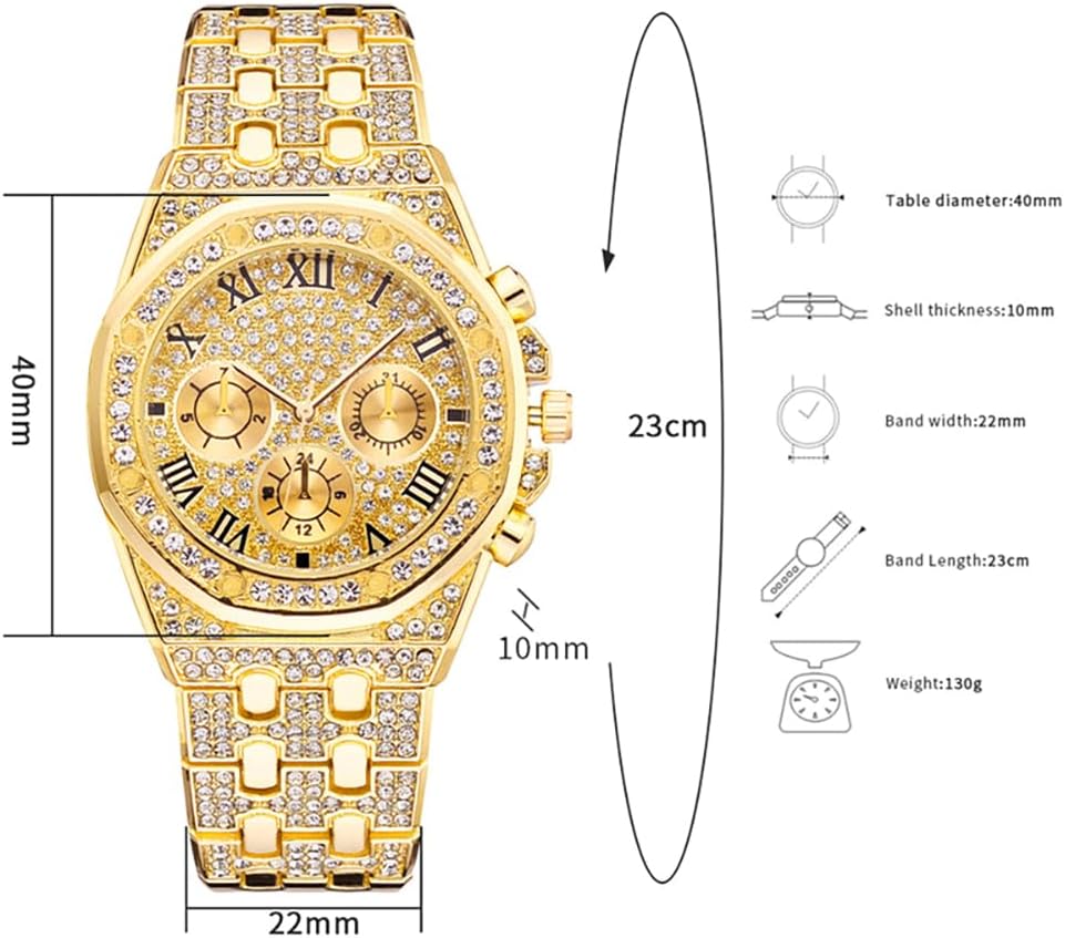 HOTApzzic Diamond Iced Out Watch CZ Gold Plated 40mm Width Roman Numerals Dial Quartz Wristband Watch for Men Women