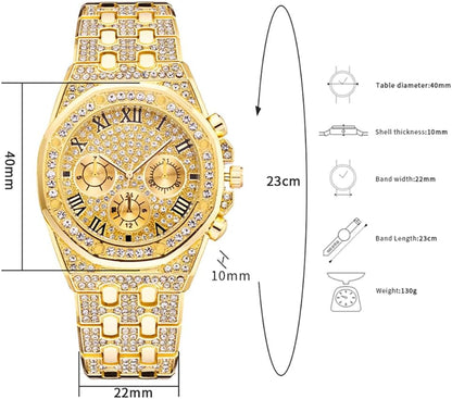 HOTApzzic Diamond Iced Out Watch CZ Gold Plated 40mm Width Roman Numerals Dial Quartz Wristband Watch for Men Women