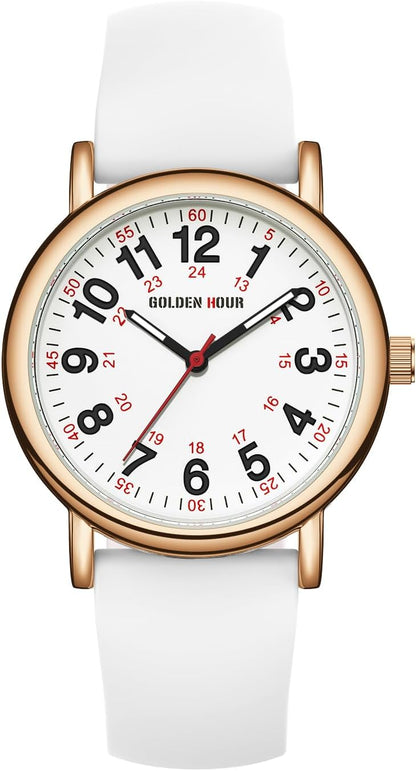 HOTGOLDEN HOUR Waterproof Nurse Watch for Medical Professionals, Students Women Men - Military Time Luminouse Easy Read Dial, 24 Hour with Second Hand, Colorful Silicone Band