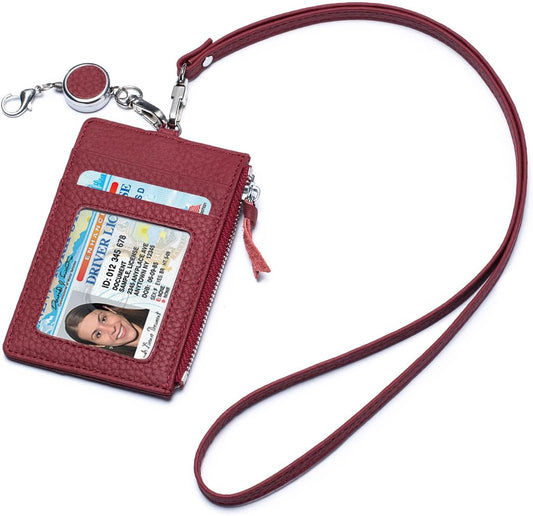 HOTKarmiir Leather ID Case with Lanyard, Minimalist Slim Badge Holder Card Wallet for Women & Men, Fashion ID Case with Clear Window, Zipper Pocket & Retractable Badge Reel (Burgundy)