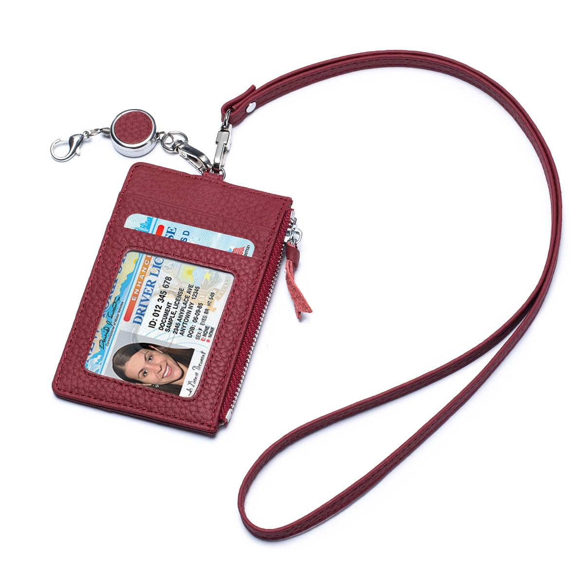 HOTKarmiir Leather ID Case with Lanyard, Minimalist Slim Badge Holder Card Wallet for Women & Men, Fashion ID Case with Clear Window, Zipper Pocket & Retractable Badge Reel (Burgundy)