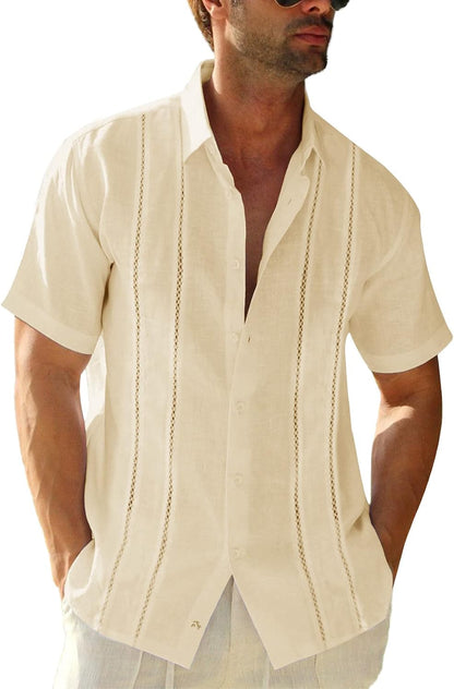 HOTRuncati Mens Short Sleeve Guayabera Shirts Linen Button Down Cuban Shirt | Cotton blend, Mexican style, Button up, Embroidered, Loose fit, Barong tagalog, Bowling shirts, for Summer Beach, Wedding