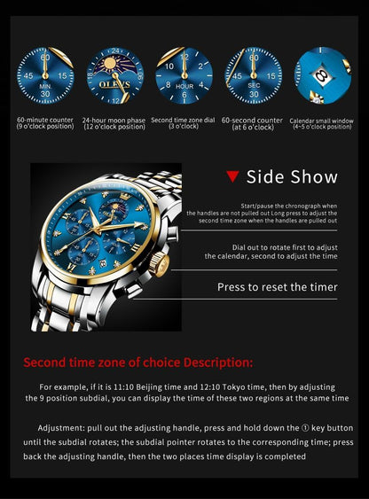 HOTOLEVS Watch for Men Diamond Business Dress Analog Quartz Stainless Steel Waterproof Luminous Date Two Tone Luxury Casual Wrist Watch Blue