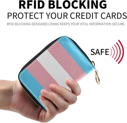 HOTTransgender Pride Flag RFID Credit Card Holder Wallets Accordion for Women Leather Zipper Card Case Accordion Wallet for Ladies Girls