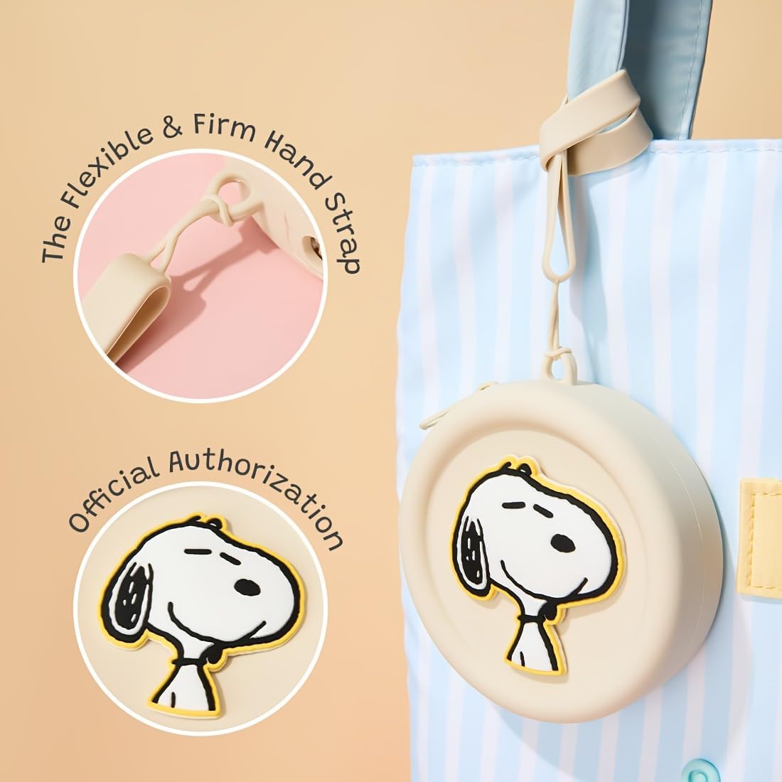 HOTMINISO Snoopy Stitch Character Silicone Coin Purse with Wrist Strap, Beige, Round Pouch (Snoopy)