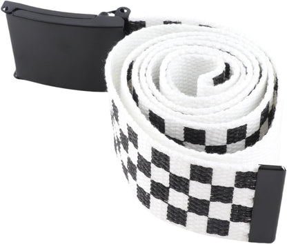 HOTClassic Checkered Canvas Belt, 43" Adjustable Length, Black and White Grid Strap with Military Style Metal Buckle, Cut to Size Punk Rock Flip Top Casual Belt for Daily Fashion Outfit Decoration
