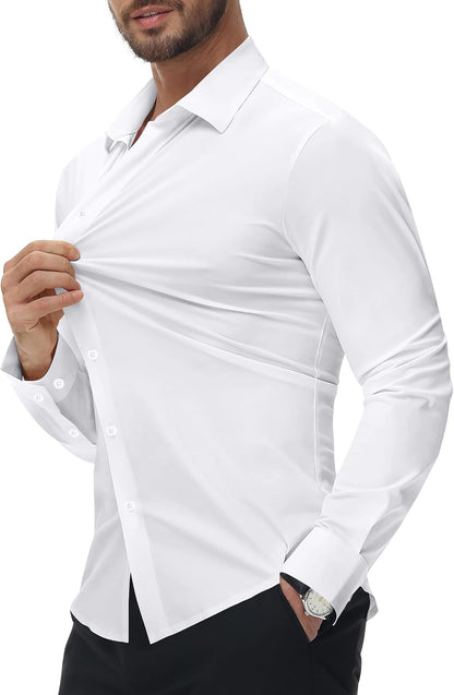 HOTAlimens & Gentle Stretch Mens Dress Shirts Slim Fit Long Sleeve Casual Skinny Muscle Fit Wrinkle Free Button Down Shirt