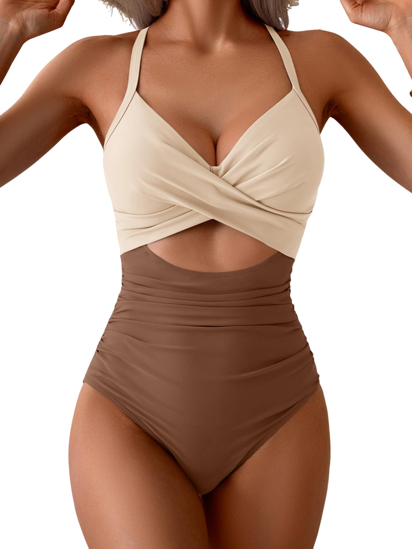 HOTEomenie Women's Tummy Control One Piece Swimsuit Cutout Bathing Suit | High Waisted,Tie Back,Wrap Front,Adjustable Straps,Soft Removable Cups,Slimming,Monokini for Beach Vacation,Pool Side