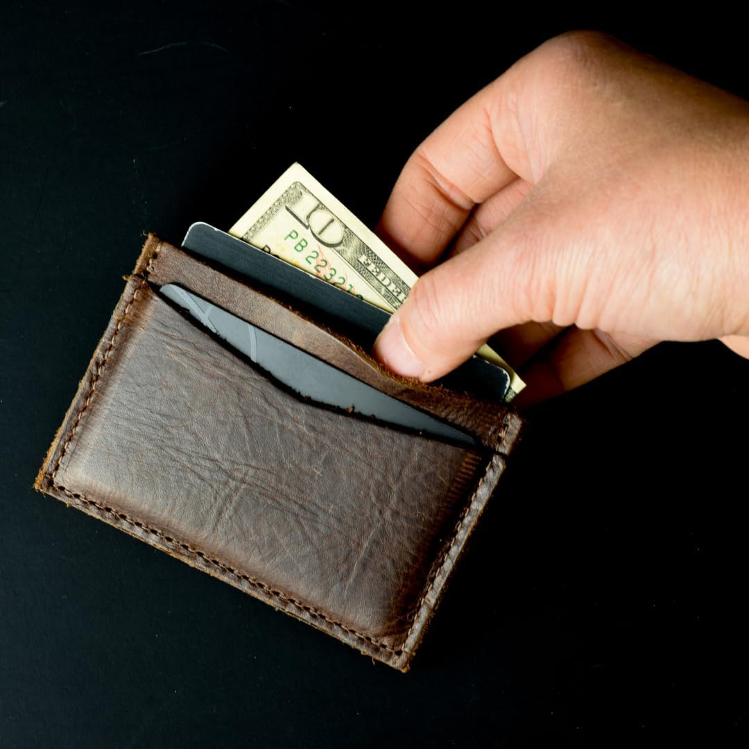 HOTHandmade Leather Card Holder Slim Wallet for Men or Women - Full Grain Chocolate Brown Leather