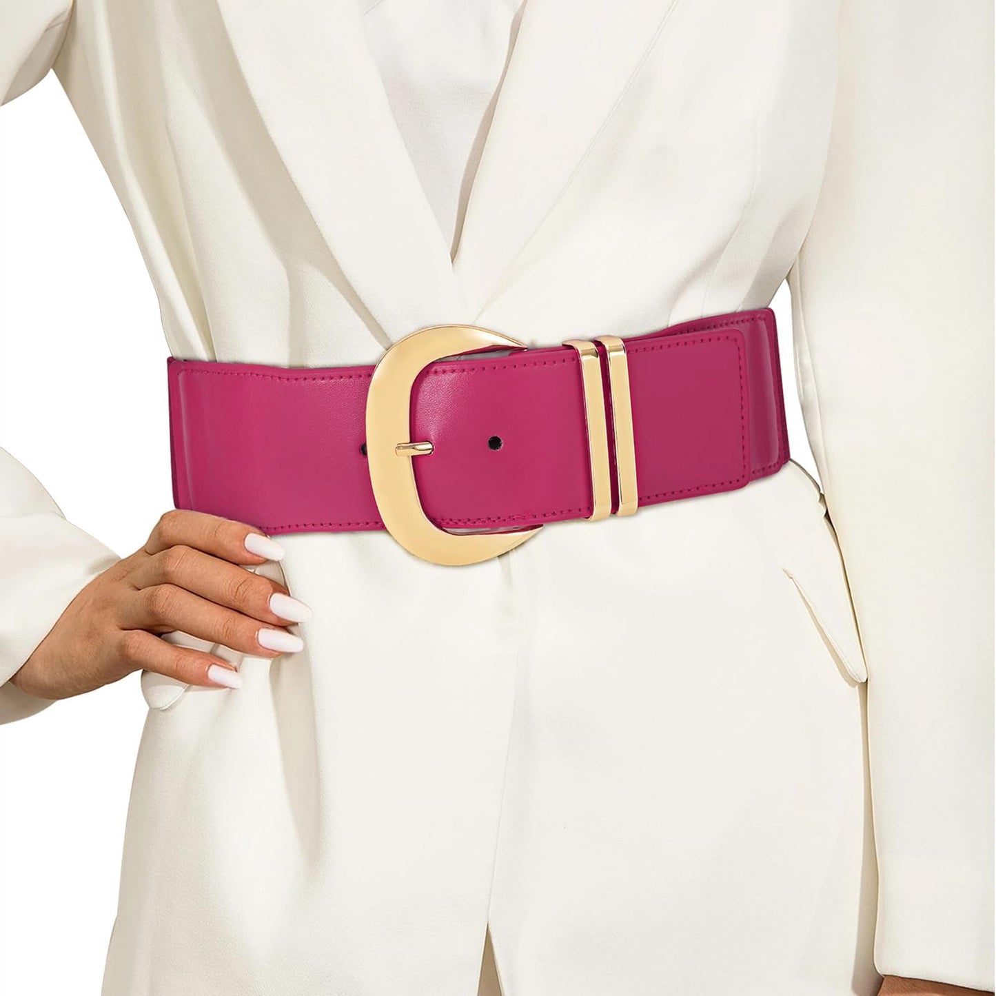 HOTWHIPPY Women Wide Elastic Waist Belt for Dresses Fashion Gold Buckle Stretchy Leather Waistband for Ladies