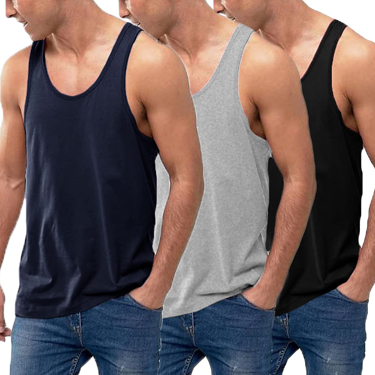 HOTCOOFANDY Men's 3 Pack Tank Tops Cotton Performance Sleeveless Casual Classic T Shirts