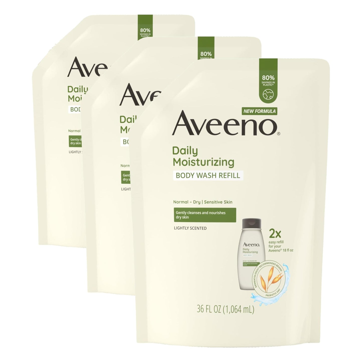 HOTAveeno Daily Moisturizing Body Wash for Sensitive Skin + Prebiotic Oat, Gently Cleanses, Nourishes & Feels Moisturizing Dry Skin, Light Fragrance, Refill Pouch, 36 fl. oz