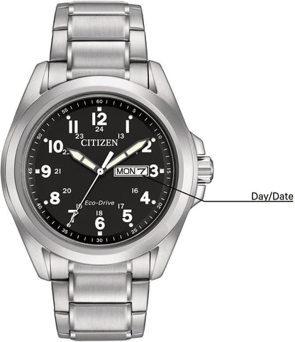 HOTCitizen Men's Eco-Drive Weekender Garrison Field Watch in Stainless Steel, Black Dial, Arabic Markers, Luminous, 43mm (Model: AW0050-82E)