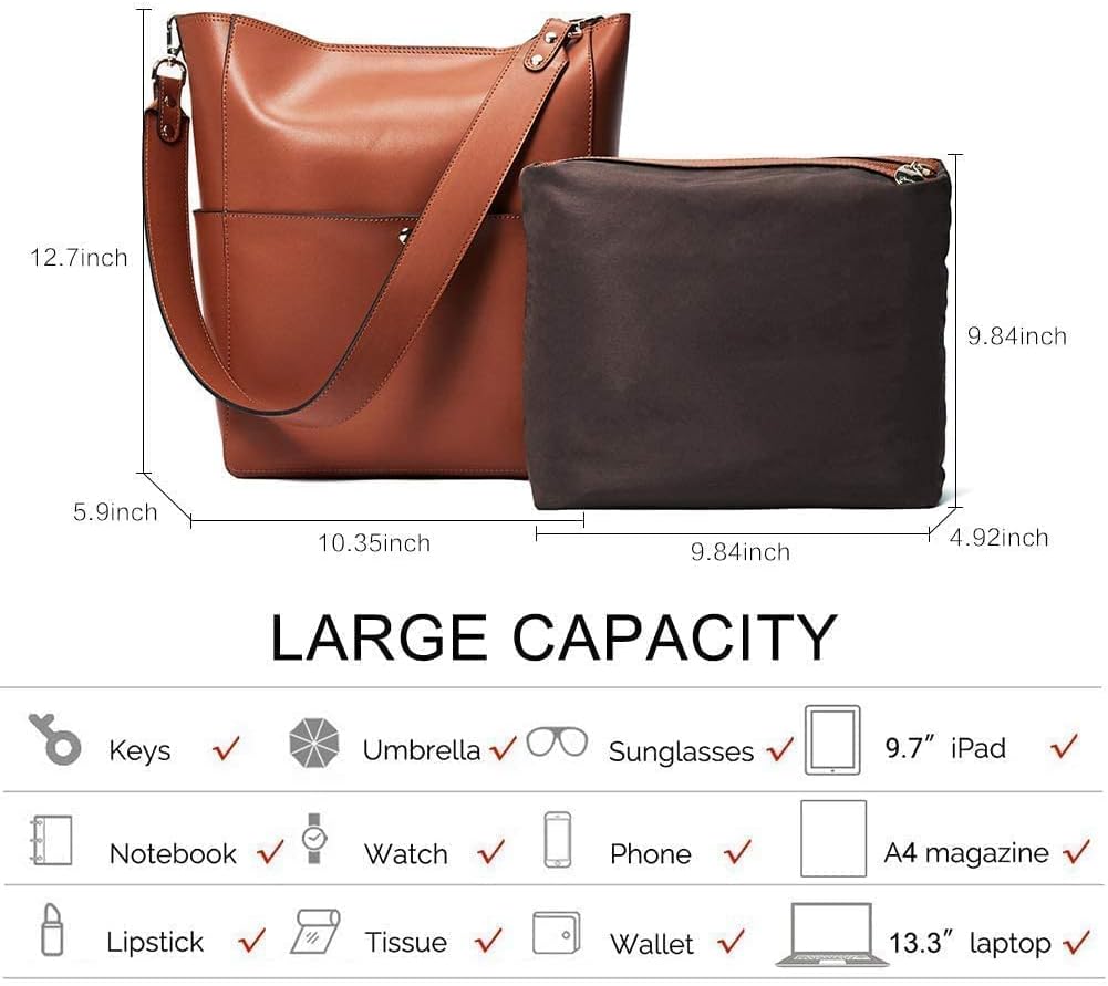 HOTBOSTANTEN Women's Leather Designer Handbags Tote Purses Shoulder Bucket Bags and Leather Wallet RFID Blocking Small Bifold Zipper Pocket Wallet Card Case Brown Bundle