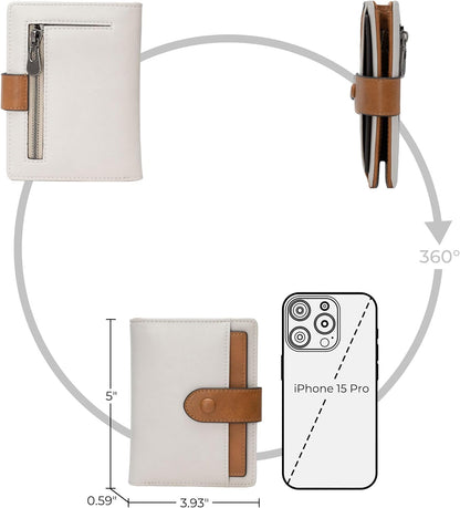 HOTAlldaily Small Slim RFID Blocking Leather Wallet for Women, Bifold with 10 Card Slots and Coin Pocket (White&Brown)