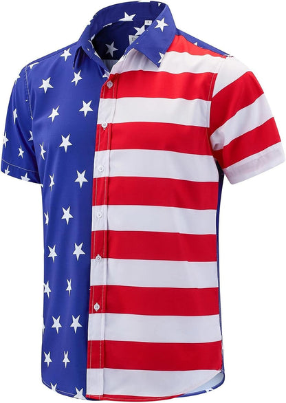 HOTENVMENST Men's American Flag Button Down Shirts Casual Short Sleeve Patriotic Hawaiian Shirt