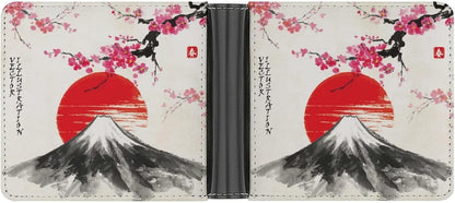 HOTOyihfvs Pink Cherry Blossom Red Sun Japanese Mountain Fuji PU Leather Bifold Wallet Coin Purse Soft Stylish Credit Pass Case Card-Holder for Boy Girl Men Woman Money Storage