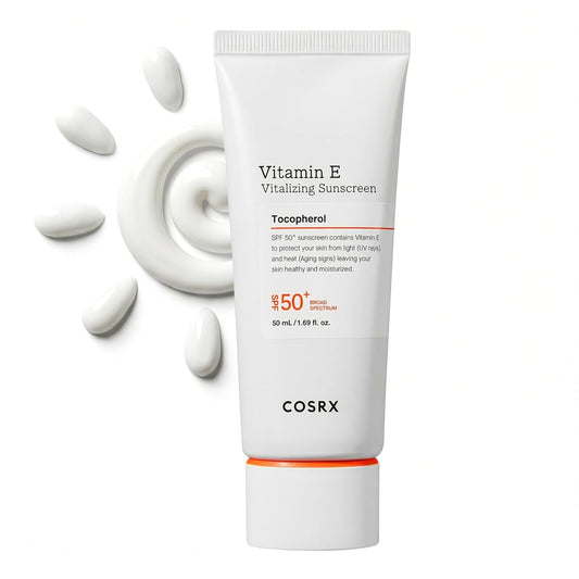 HOTCOSRX Vitamin E Sunscreen for Oily Skin SPF 50, Natural Glow Face Sunscreen, Lightweight, Non-Sticky, No White Cast, Hydrating, Beach Essentials, Summer Travel Essentials, Korean Skincare,1.69 fl oz