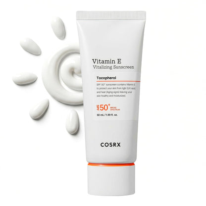 HOTCOSRX Vitamin E Sunscreen for Oily Skin SPF 50, Natural Glow Face Sunscreen, Lightweight, Non-Sticky, No White Cast, Hydrating, Beach Essentials, Summer Travel Essentials, Korean Skincare,1.69 fl oz