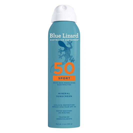 HOTBLUE LIZARD Sport Mineral Sunscreen Spray SPF 50+, Dermatologist-Recommended Brand, Broad-Spectrum UVA/UVB Protection, Water-Resistant, Zinc Oxide Formula, Vegan, 5 fl oz
