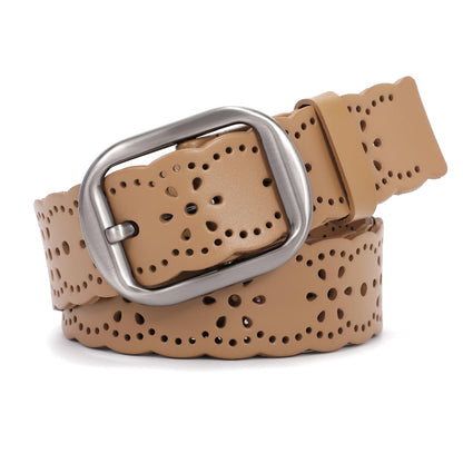 HOTJASGOOD Women's Hollow Flower Genuine Leather Belt for Jeans Pants Wide Belt for Ladies