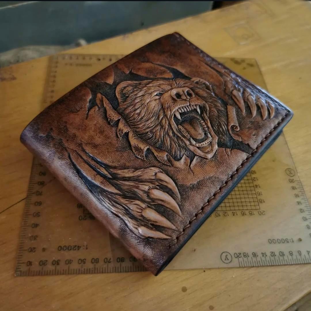 HOTGrizzly, Bear, Forest, Hunter, Hunting, Men's 3D Genuine Leather Wallet, Handmade wallet, Carved wallet, Tooled wallet, Airbrush Art, Bifold wallet, Custom wallet, Personalized wallet, A(30)