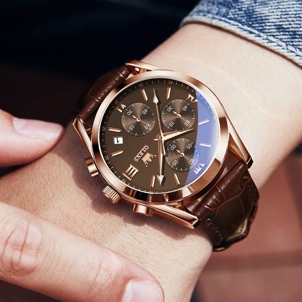 HOTOLEVS Watches for Men Case Waterproof Watches Leather Band Day Date Mens Watch Analog Quartz Chronograph Wristwatches Multi-Function Men's Watch