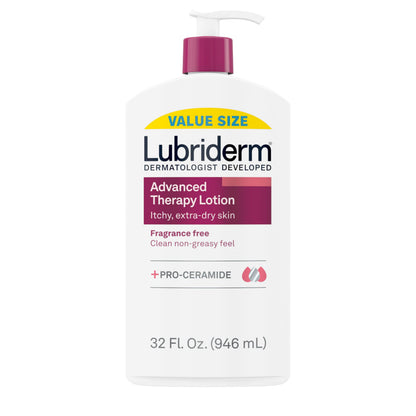 HOTLubriderm Advanced Therapy Body Lotion, Fragrance-Free Lotion for Extremely Dry Skin, Pro-Ceramide Hydration for Itchy, Dry, Sensitive Skin, Hand and Body Lotion, Non-Greasy, Hypoallergenic, 32 Fl Oz