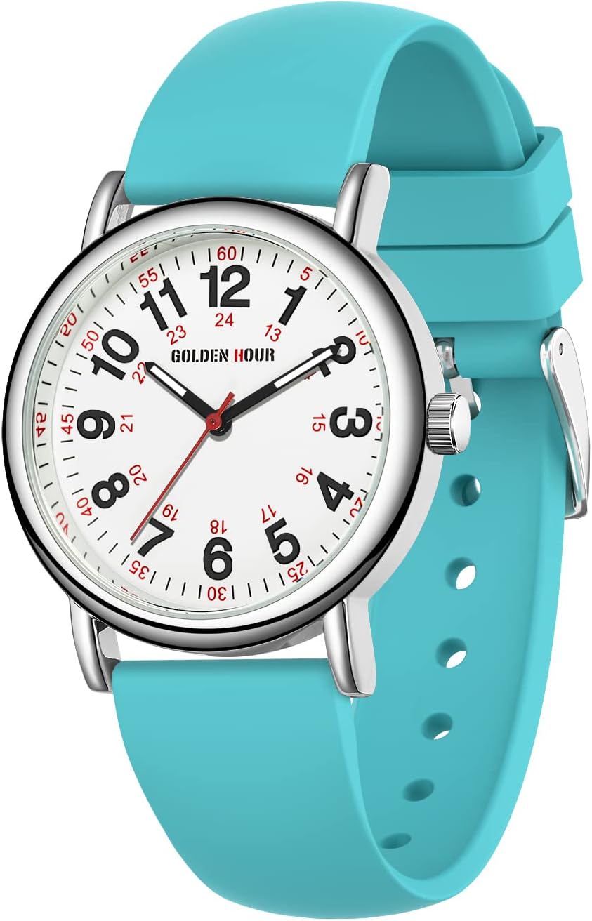 HOTGOLDEN HOUR Waterproof Nurse Watch for Medical Professionals, Students Women Men - Military Time Luminouse Easy Read Dial, 24 Hour with Second Hand, Colorful Silicone Band